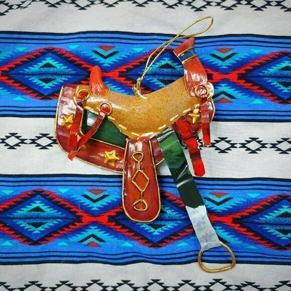 Vtg 1990s Metal Saddle Christmas Ornament RUSTIC Western Tex-Mex Farmhouse - Picture 1 of 2